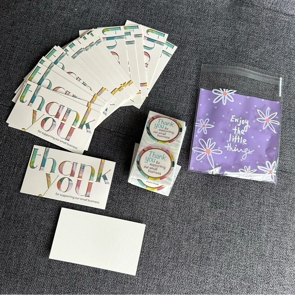 25 THANK YOU Business Cards + 25 Stickers, Starter Set, Colorful, Gold Foil